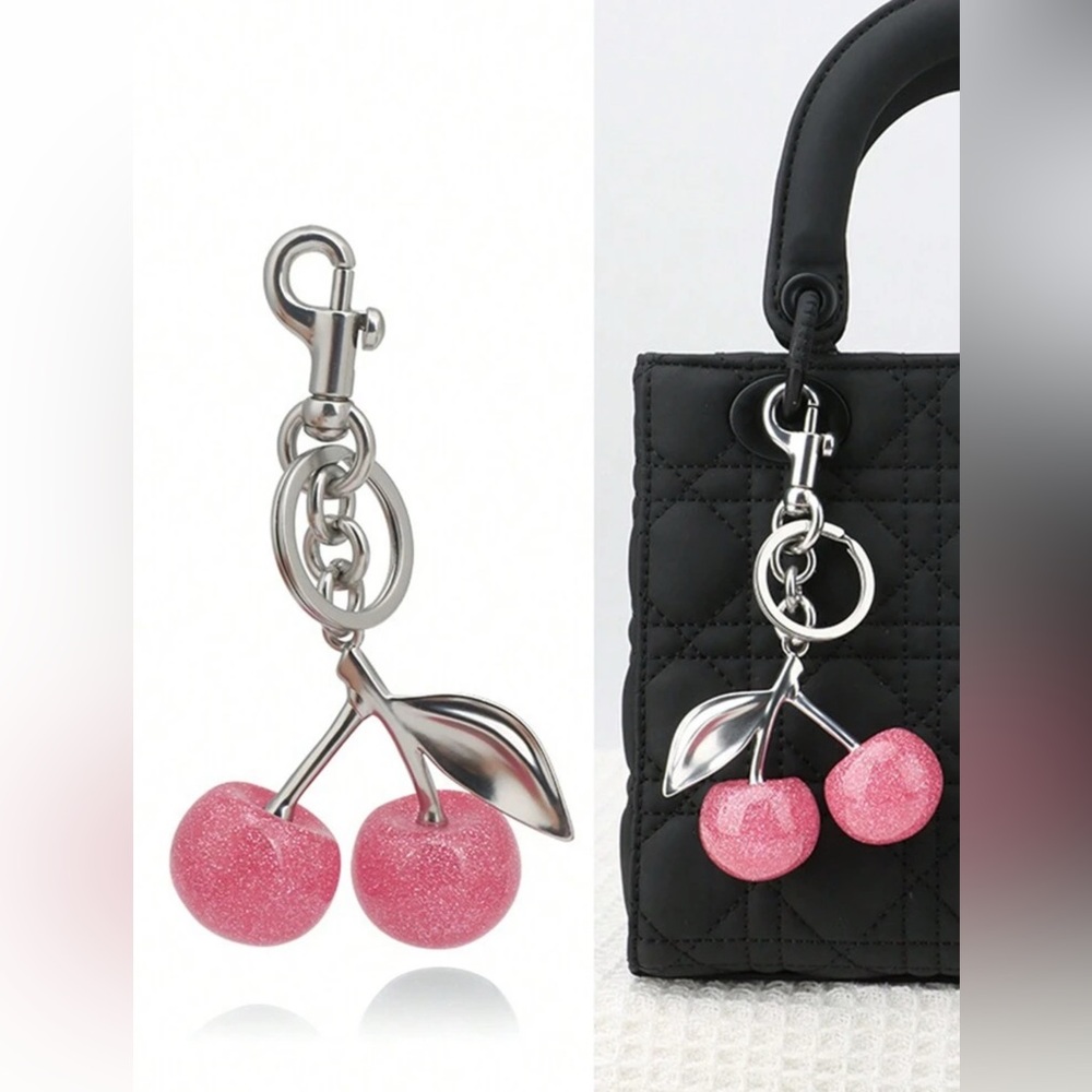 Pink Cherry Keychain/Bag Charm Accessory in Silver hardware